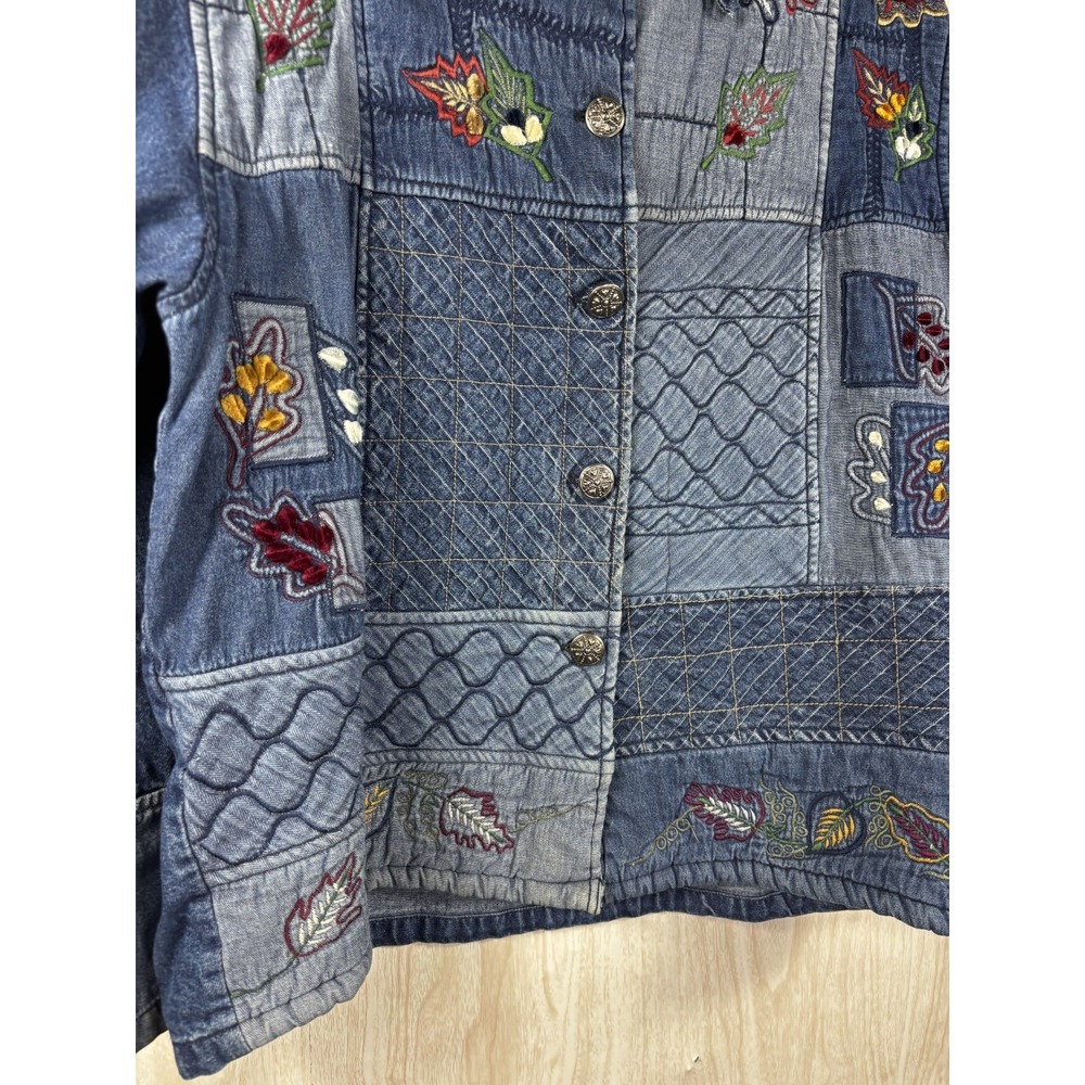 Keren Hart Denim Jacket L Patchwork Embroidered Boho Cottagecore Chic Casual - Picture 5 of 7